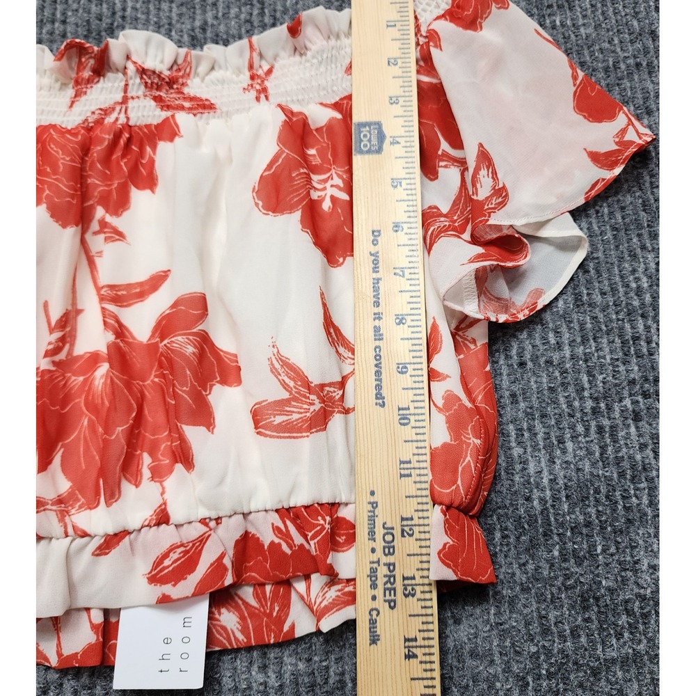 The Room Floral Off The Shoulder Crop Top Red White Smocked Ruffle Blouse - Picture 3 of 10